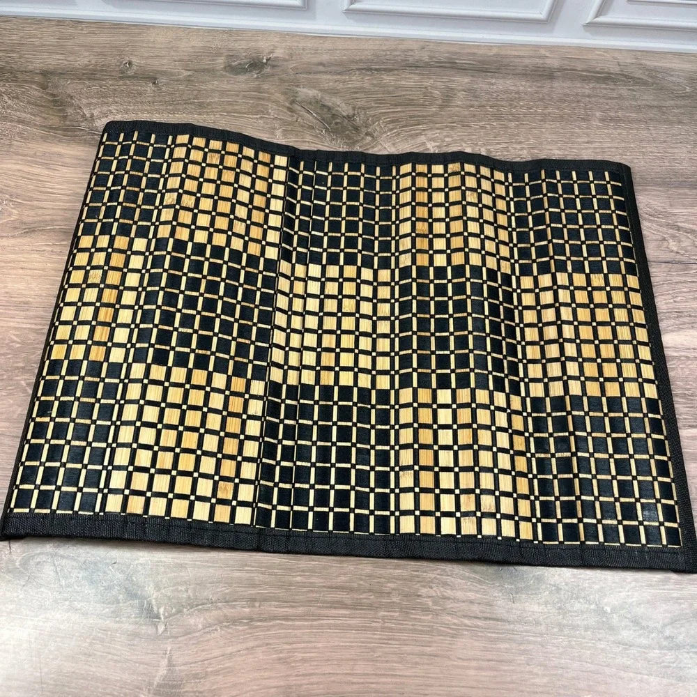 Liberty Procurement Placemats Set of 4 13x19 Black Tan Bamboo Checkered 18322